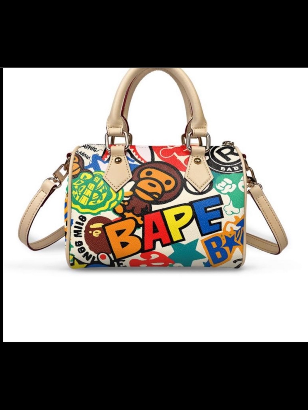 Bape Multicolor Graphic Canvas Satchel with Beige Trim and Handles